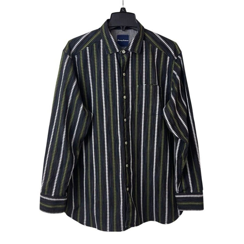Tommy Bahama Shirt Mens Large Green Long Sleeve Striped Button Up Casual Cotton